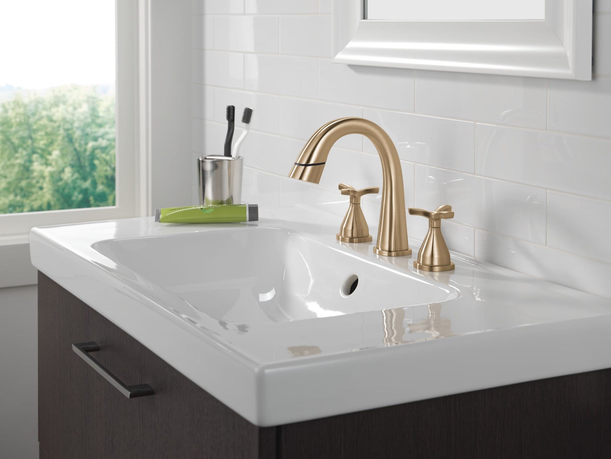 Delta Stryke Two Handle Widespread Pull Down Bathroom Faucet in Lumicoat Champagne Bronze, 357756-CZPD-PR-DST, MRSP: $819, FINAL PRICE: $ + TAX