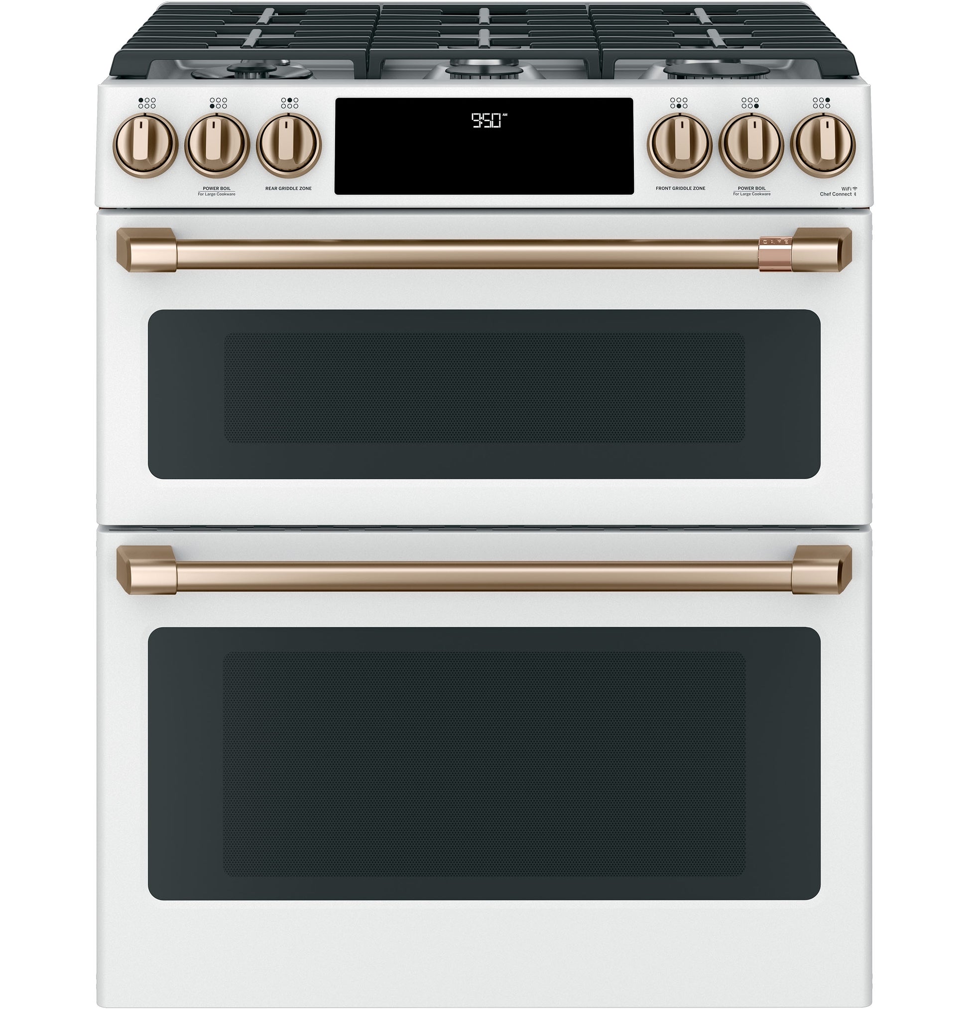 GE Cafe 30-in 4.3-cu ft / 2.7-cu ft Air Fry Convection Oven Slide-In Double Oven Dual Fuel Range ( Matte White with Brushed Bronze