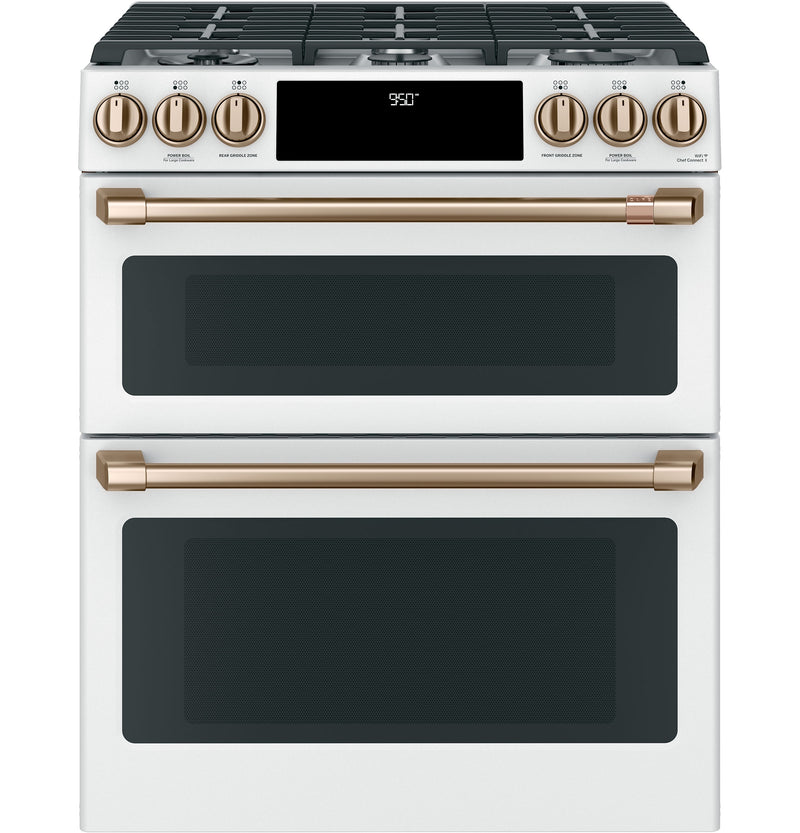 Cafe 30-in 4.3-cu ft / 2.7-cu ft Air Fry Convection Oven Slide-In Double Oven Dual Fuel Range ( Matte White with Brushed Bronze