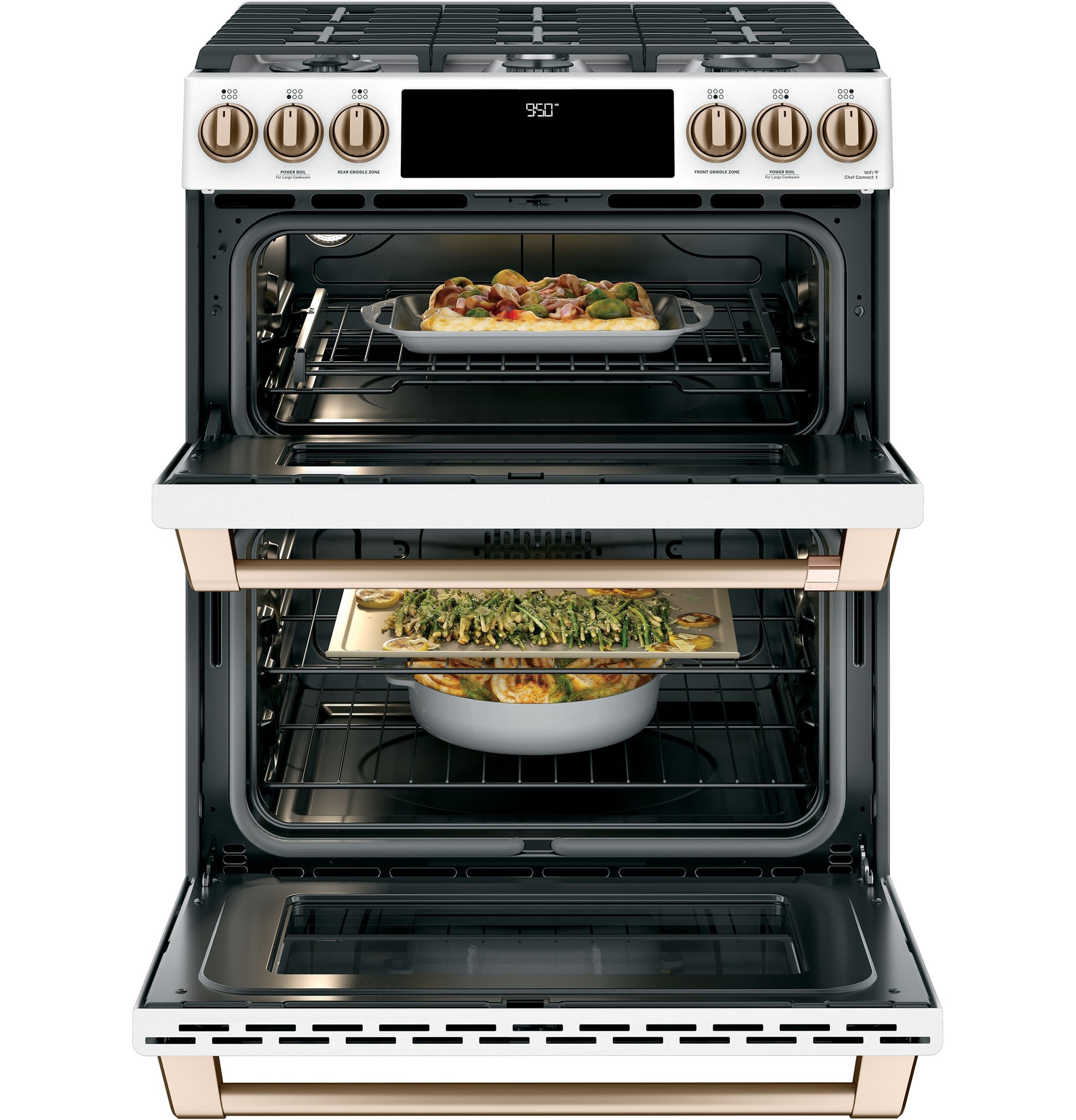 GE Cafe 30-in 4.3-cu ft / 2.7-cu ft Air Fry Convection Oven Slide-In Double Oven Dual Fuel Range ( Matte White with Brushed Bronze