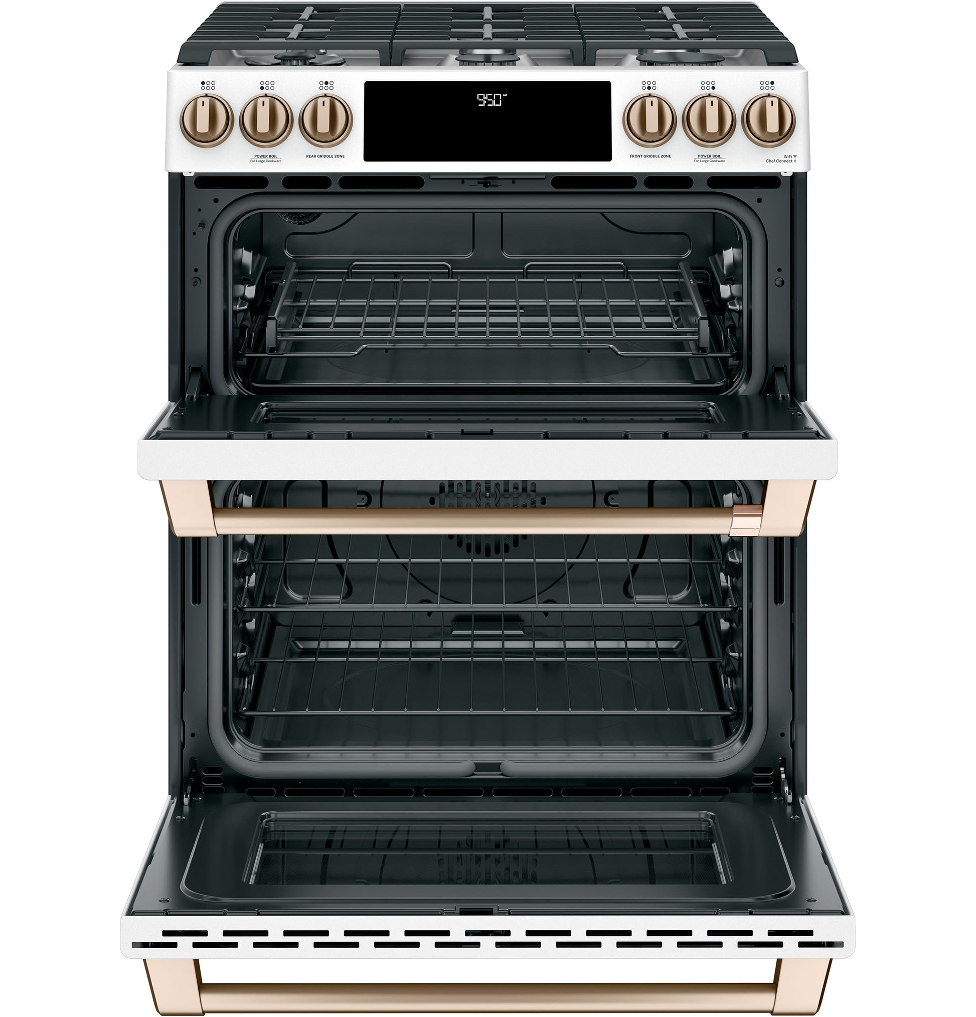GE Cafe 30-in 4.3-cu ft / 2.7-cu ft Air Fry Convection Oven Slide-In Double Oven Dual Fuel Range ( Matte White with Brushed Bronze
