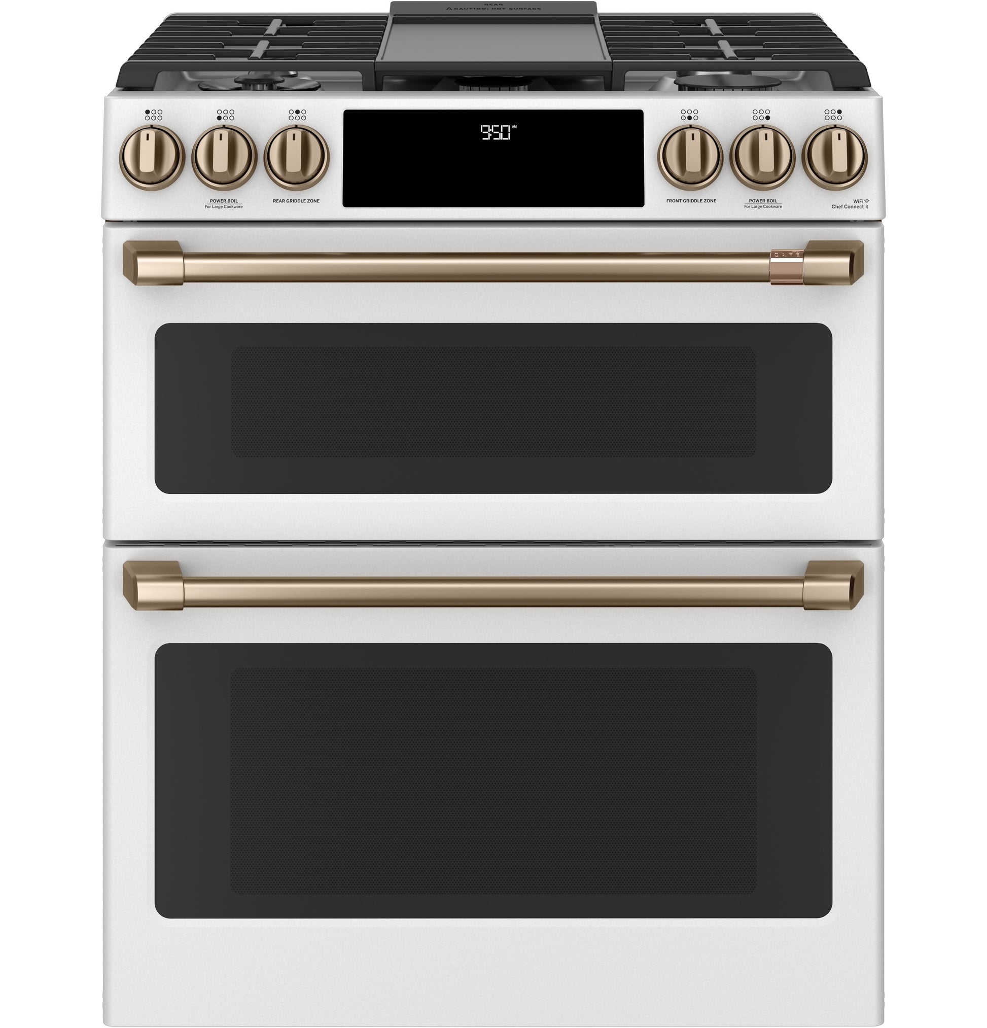 GE Cafe 30-in 4.3-cu ft / 2.7-cu ft Air Fry Convection Oven Slide-In Double Oven Dual Fuel Range ( Matte White with Brushed Bronze