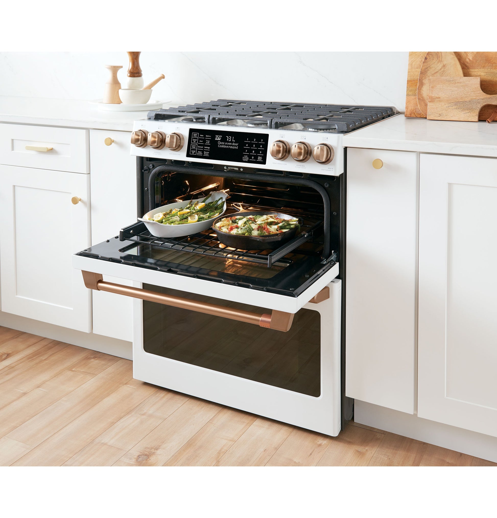 GE Cafe 30-in 4.3-cu ft / 2.7-cu ft Air Fry Convection Oven Slide-In Double Oven Dual Fuel Range ( Matte White with Brushed Bronze