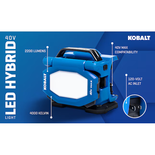 Kobalt 40-volt 2200-Lumens LED Battery-Operated and plug-in Rechargeable Portable Work Light, KBL 1040-03 #5192701  *HD2507, Retail: $99.98, FINAL PRICE: $49.99 + TAX