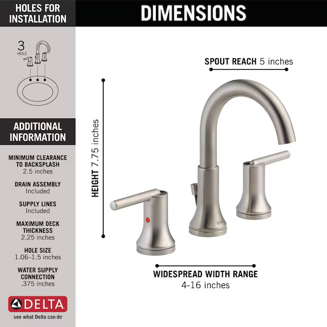 Delta Trinsic Two Handle Widespread Bathroom Faucet in Stainless Steel, 3559-SSMPU-DST, MRSP: $670, FINAL PRICE: $249.99 + TAX