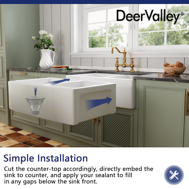 DeerValley Eclipse Undermount 33-in x 21-in Porcelain Double Offset Bowl Kitchen Sink, DV-1K705 *HD2509, Retail: $398.82 , FINAL PRICE: $199.99 + TAX