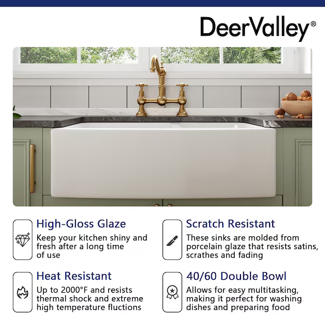 DeerValley Eclipse Undermount 33-in x 21-in Porcelain Double Offset Bowl Kitchen Sink, DV-1K705 *HD2509, Retail: $398.82 , FINAL PRICE: $199.99 + TAX