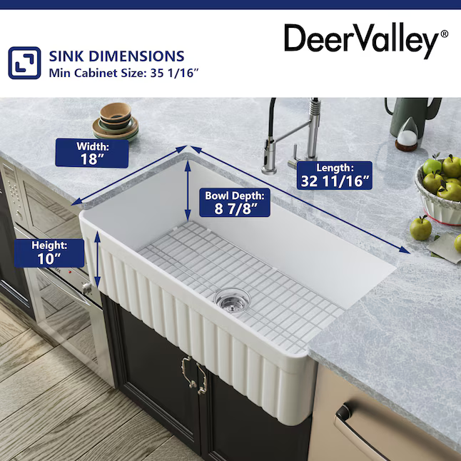DeerValley Solstice Farmhouse 33-in x 18-in Fireclay Single Bowl Kitchen Sink, DV-1K502 *HD2509, Retail: $429.95 , FINAL PRICE: $ + TAX