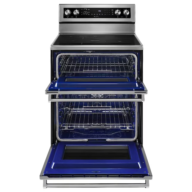 KitchenAid 30-in Glass Top 5 Burners 4.2-cu ft / 2.5-cu ft Convection Oven Freestanding Double Oven Electric Range (Stainless Steel), KFED500ESS/06 *JR2509, Retail: $2,499.00, FINAL PRICE: $1,349.99 + TAX
