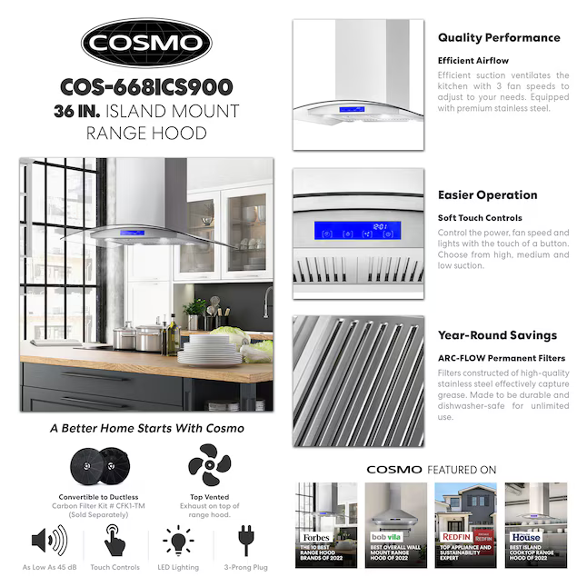 Cosmo 36-in Ductless 380-CFM Stainless Steel Island Range Hood with Charcoal Filter, COS-668iCS900 *JR2509, Retail: $431.99, FINAL PRICE: $249.99 + TAX