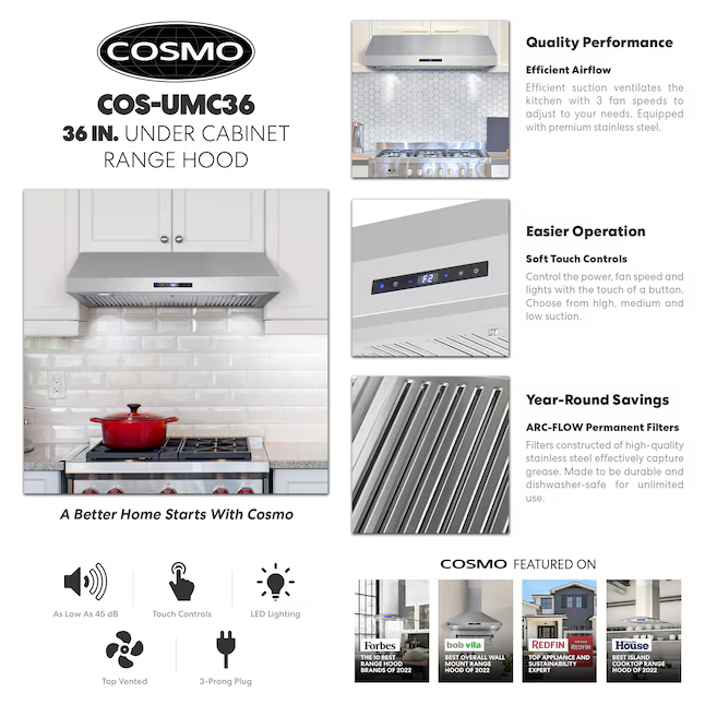 Cosmo 36-in Ducted 380-CFM Stainless Steel Under Cabinet Range Hood, UMC36 *JR2509, Retail: $377.00, FINAL PRICE: $179.99 + TAX