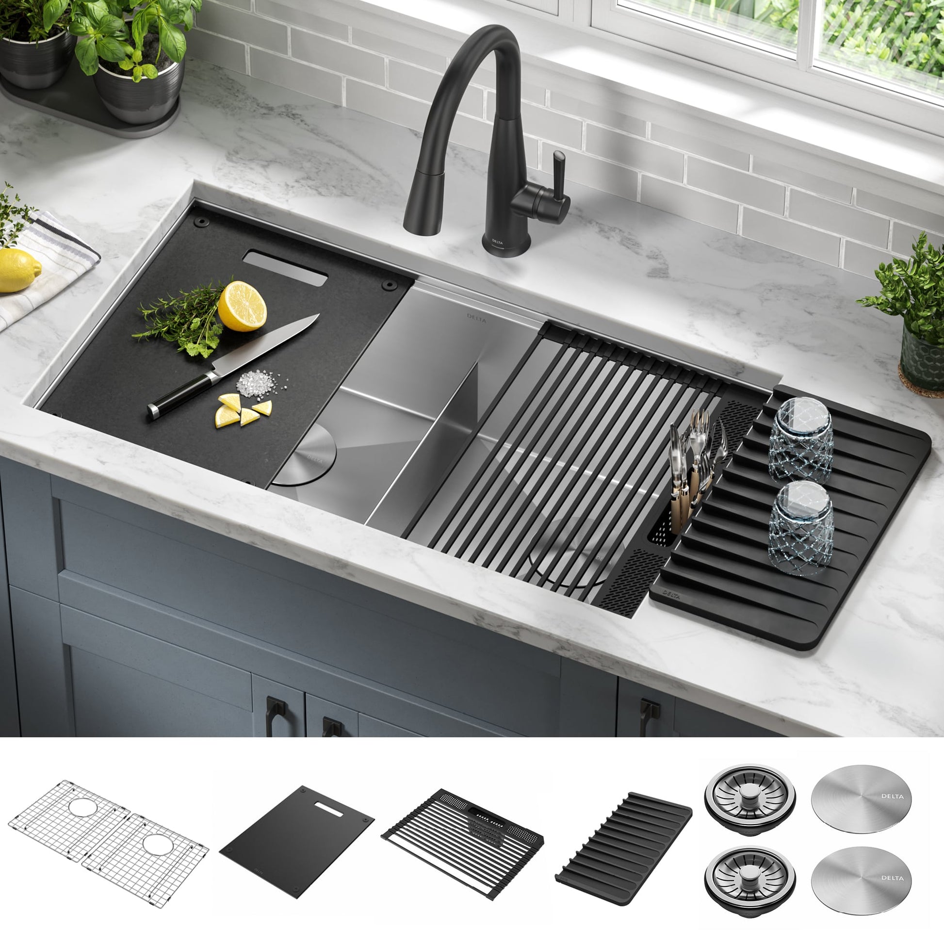 Delta Rivet Undermount 33-in x 19-in Stainless steel Double equal bowl 16 -Gauge Workstation Kitchen Sink