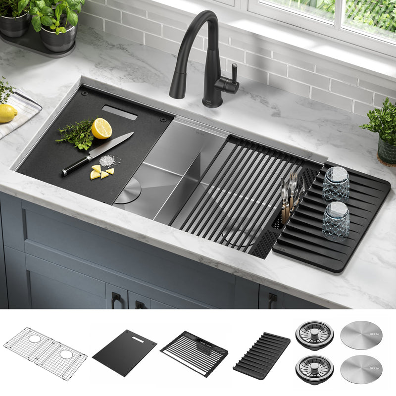 Delta Rivet Undermount 33-in x 19-in Stainless steel Double equal bowl 16 -Gauge Workstation Kitchen Sink