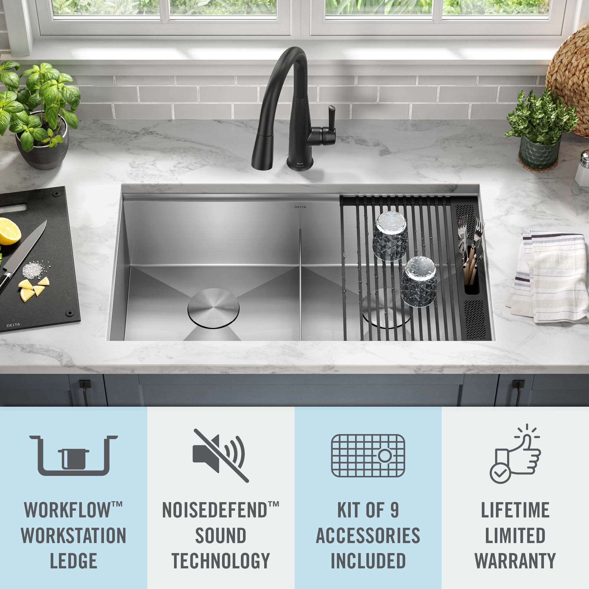 Delta Rivet Undermount 33-in x 19-in Stainless steel Double equal bowl 16 -Gauge Workstation Kitchen Sink