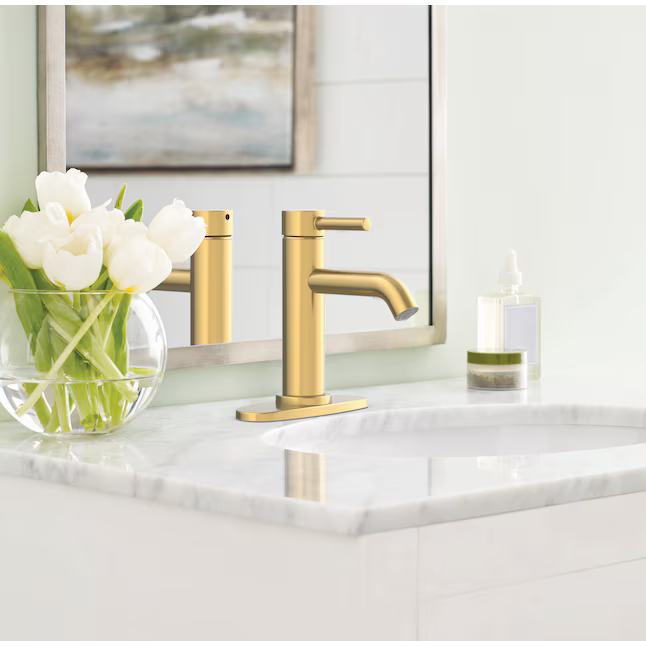 Alpine Reserve Harlow Brushed Gold Single Hole 1-Handle WaterSense Mid-arc Residential Handle Bathroom Sink Faucet with Drain with Deck Plate, 67746W-604408 #5287416 *JR2509, Retail: $109.00, FINAL PRICE: $59.99 + TAX