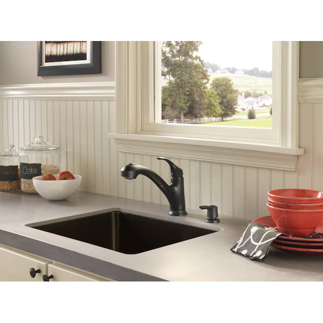 Pfister Shelton Matte Black Double Handle Deck-Mount Kitchen Faucet (Includes Deck Plate) (Includes Soap Dispenser), F-WKP-701B *JR2510, Retail: $129.00, FINAL PRICE: $77.99 + TAX