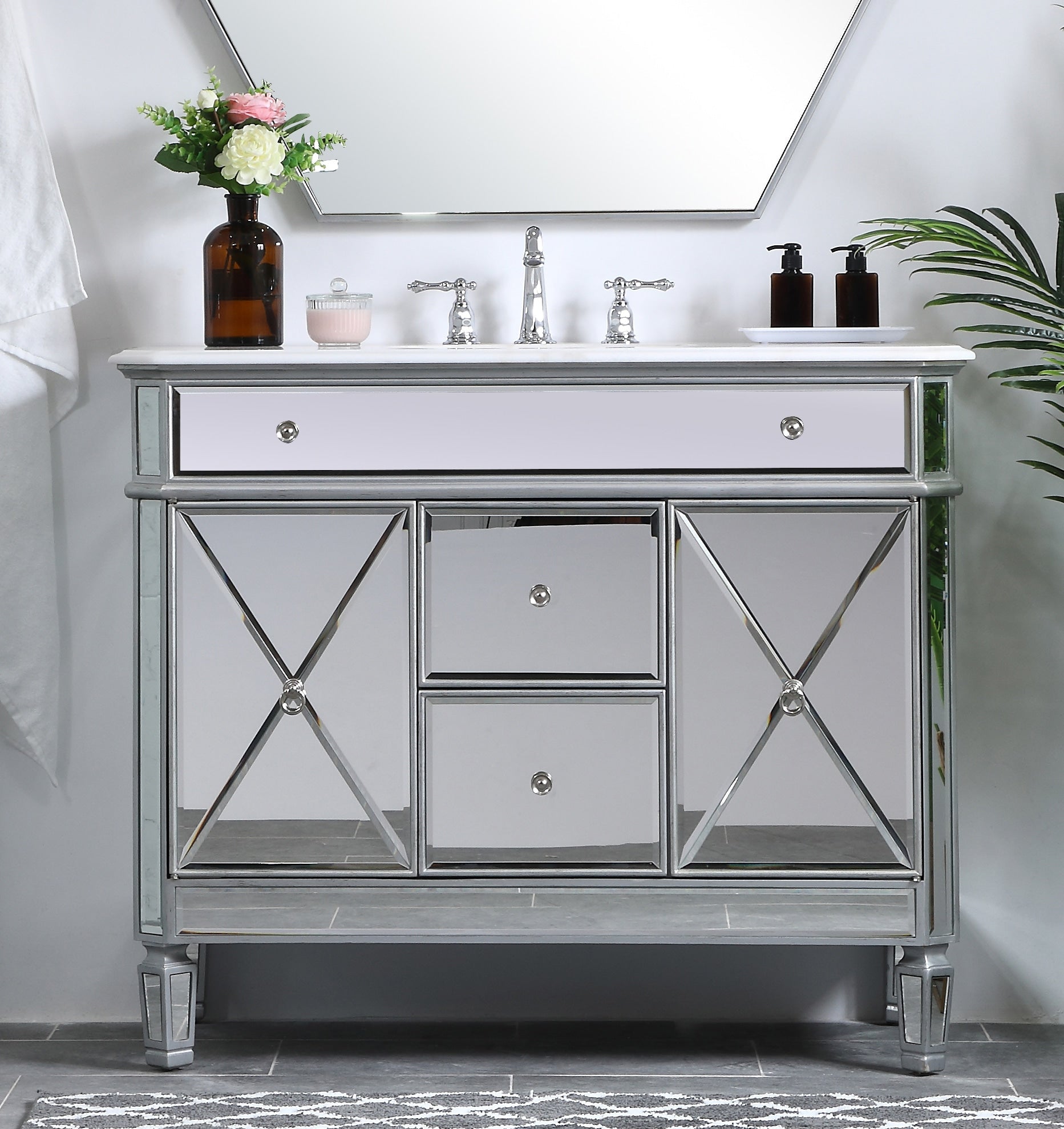 Ever Living Bravo 42-Inch Single Sink Vanity in Silver with a Carrara White Engineered Countertop, VF11042SL, FINAL PRICE: $599.99 + TAX