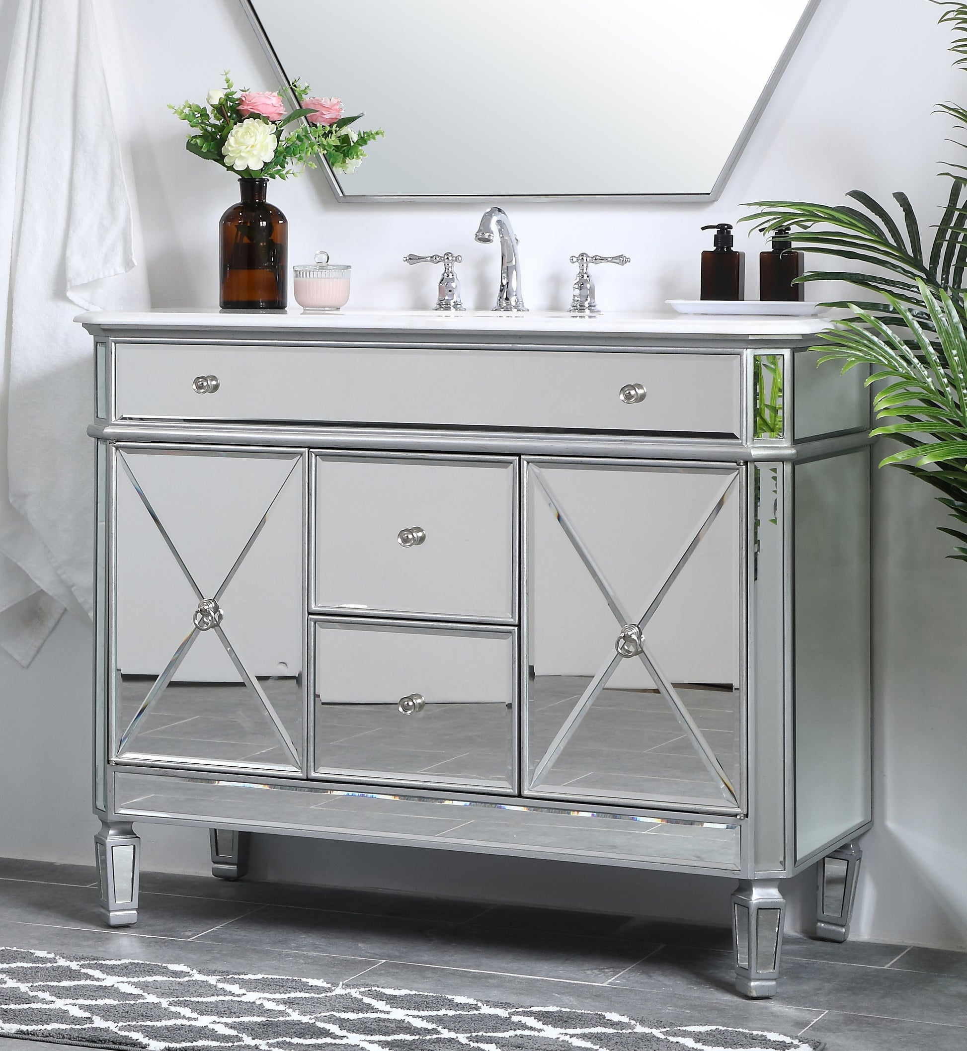 Ever Living Bravo 42-Inch Single Sink Vanity in Silver with a Carrara White Engineered Countertop, VF11042SL, FINAL PRICE: $599.99 + TAX
