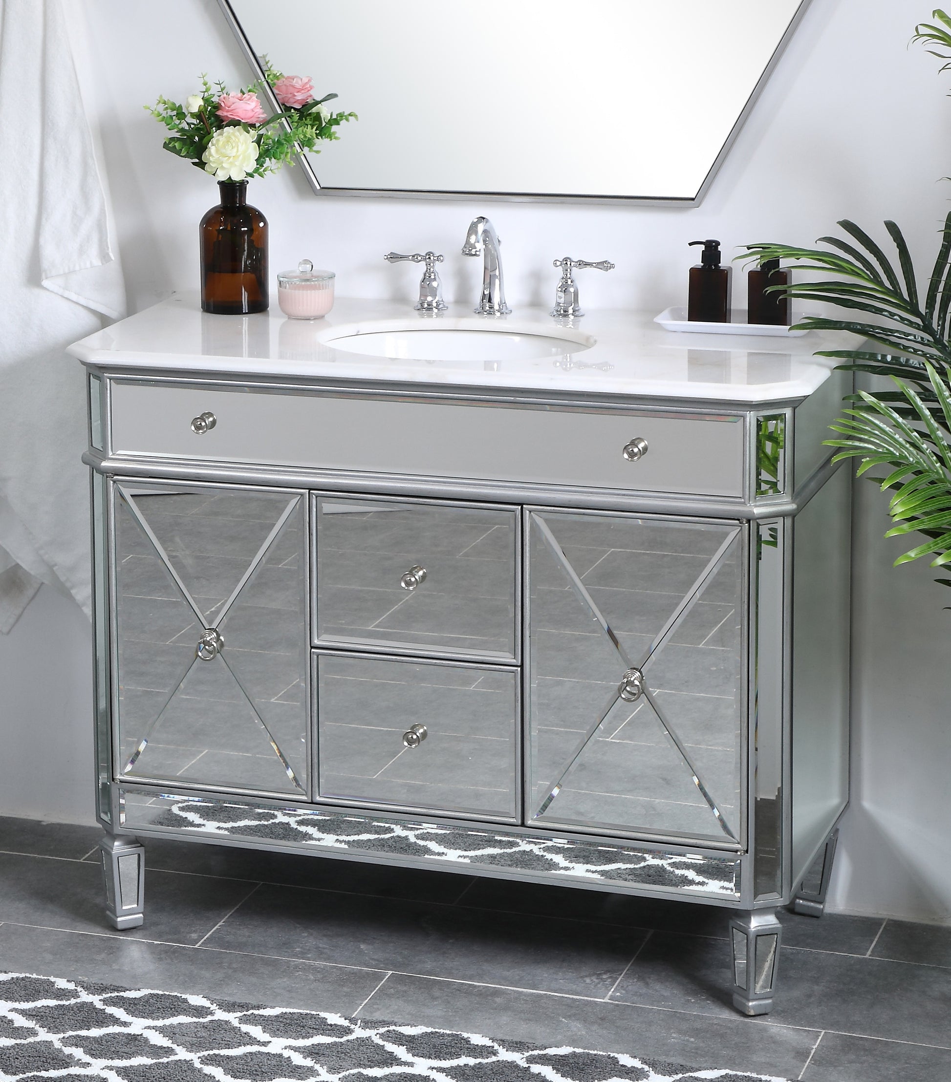 Ever Living Bravo 42-Inch Single Sink Vanity in Silver with a Carrara White Engineered Countertop, VF11042SL, FINAL PRICE: $599.99 + TAX