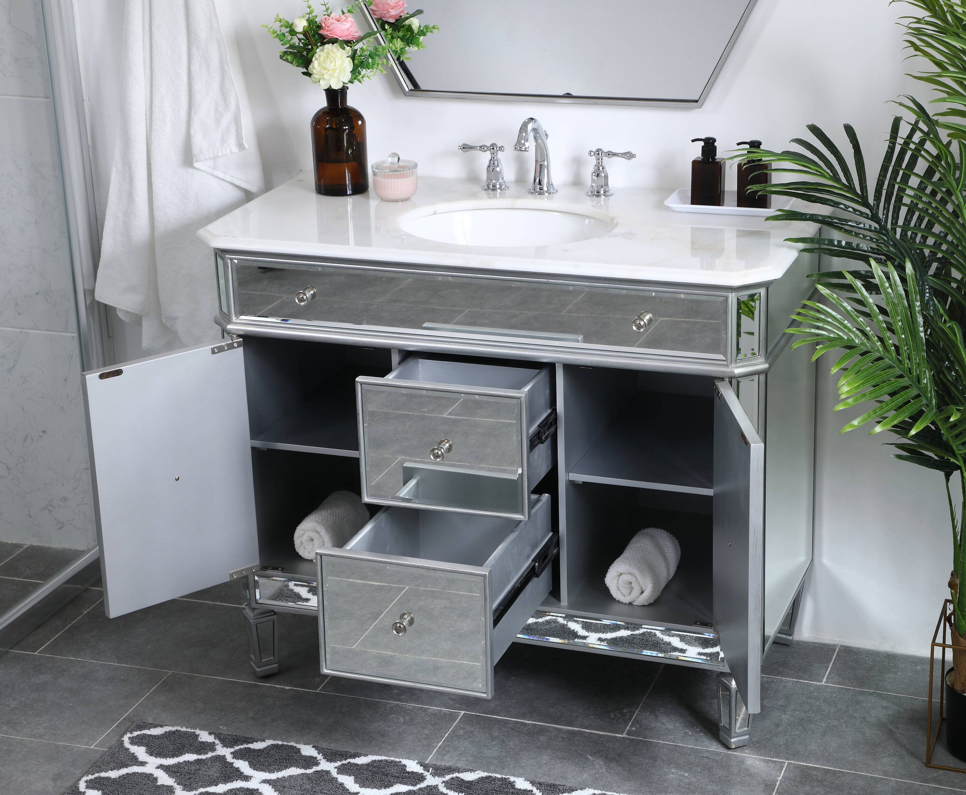 Ever Living Bravo 42-Inch Single Sink Vanity in Silver with a Carrara White Engineered Countertop, VF11042SL, FINAL PRICE: $599.99 + TAX