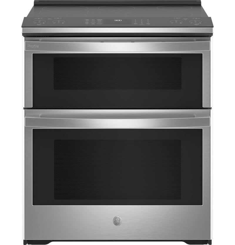 GE Profile 30-in Glass Top 5 burners 4.4-cu ft / 2.2-cu ft Air Fry Convection Oven Slide-In Double Oven Electric Range ( Fingerprint Resistant Stainless Steel )