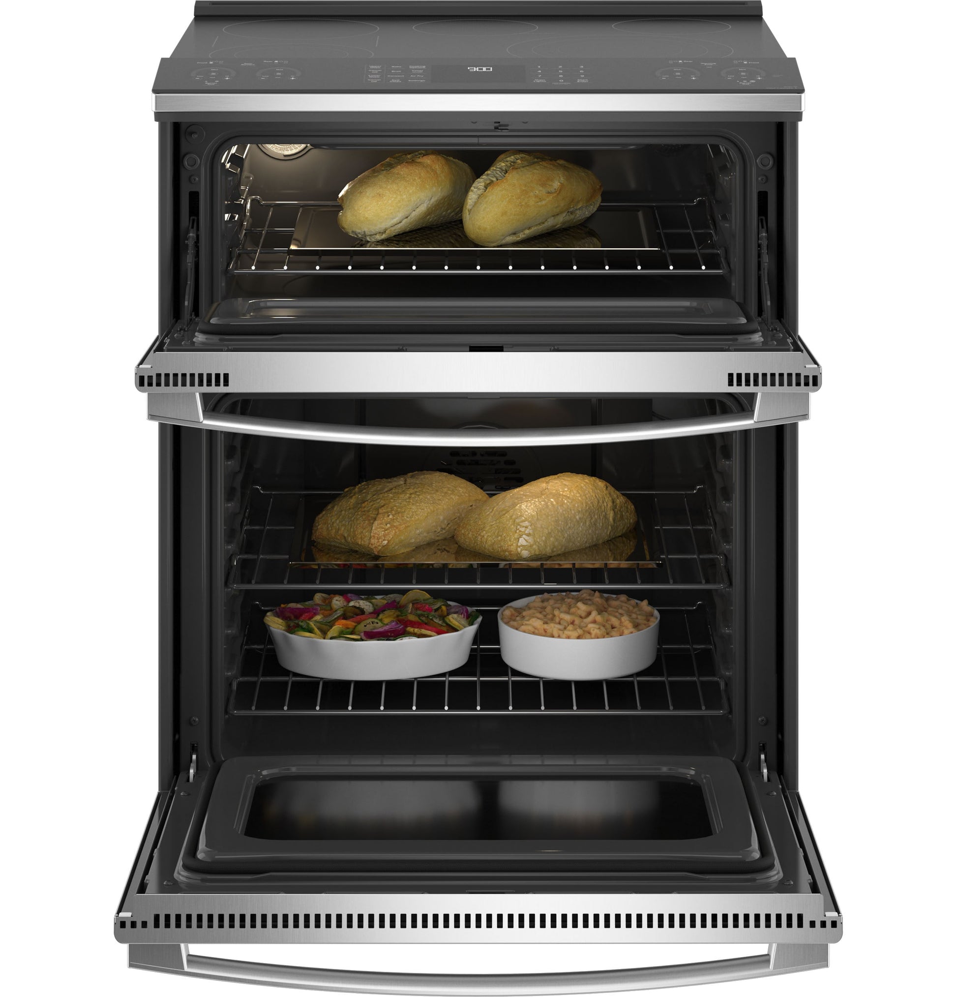 GE Profile 30-in Glass Top 5 burners 4.4-cu ft / 2.2-cu ft Air Fry Convection Oven Slide-In Double Oven Electric Range ( Fingerprint Resistant Stainless Steel )