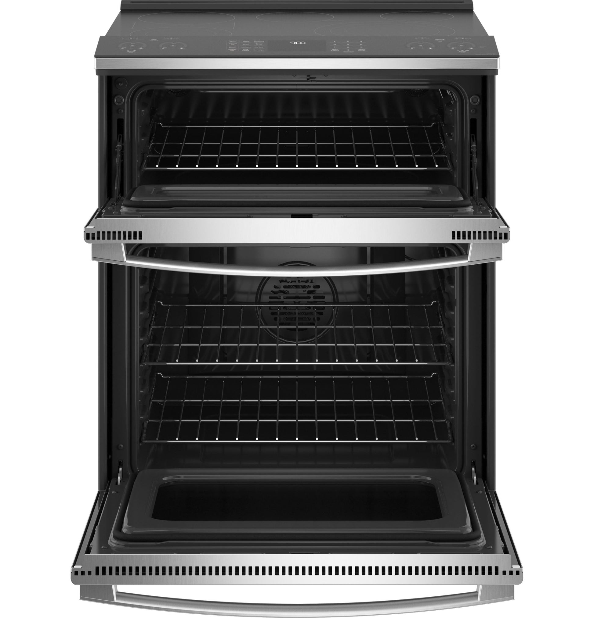 GE Profile 30-in Glass Top 5 burners 4.4-cu ft / 2.2-cu ft Air Fry Convection Oven Slide-In Double Oven Electric Range ( Fingerprint Resistant Stainless Steel )