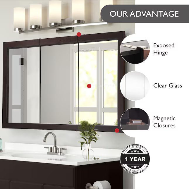 Design House Ventura 48-in x 30-in Surface Mount Espresso Mirrored Rectangle Medicine Cabinet, 541367-ESP *HD2509, Retail: $266.98, FINAL PRICE: $149.99 + TAX