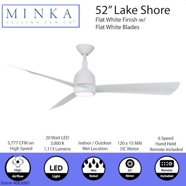 Minka Ceiling Fan Co. Lake Shore 52-in Integrated LED Outdoor White with Flat White Blades Ceiling Fan With Light - Remote Included (3-Blade), 84055  #4063087 *JR2509, Retail: $249.98, FINAL PRICE: $149.99 + TAX