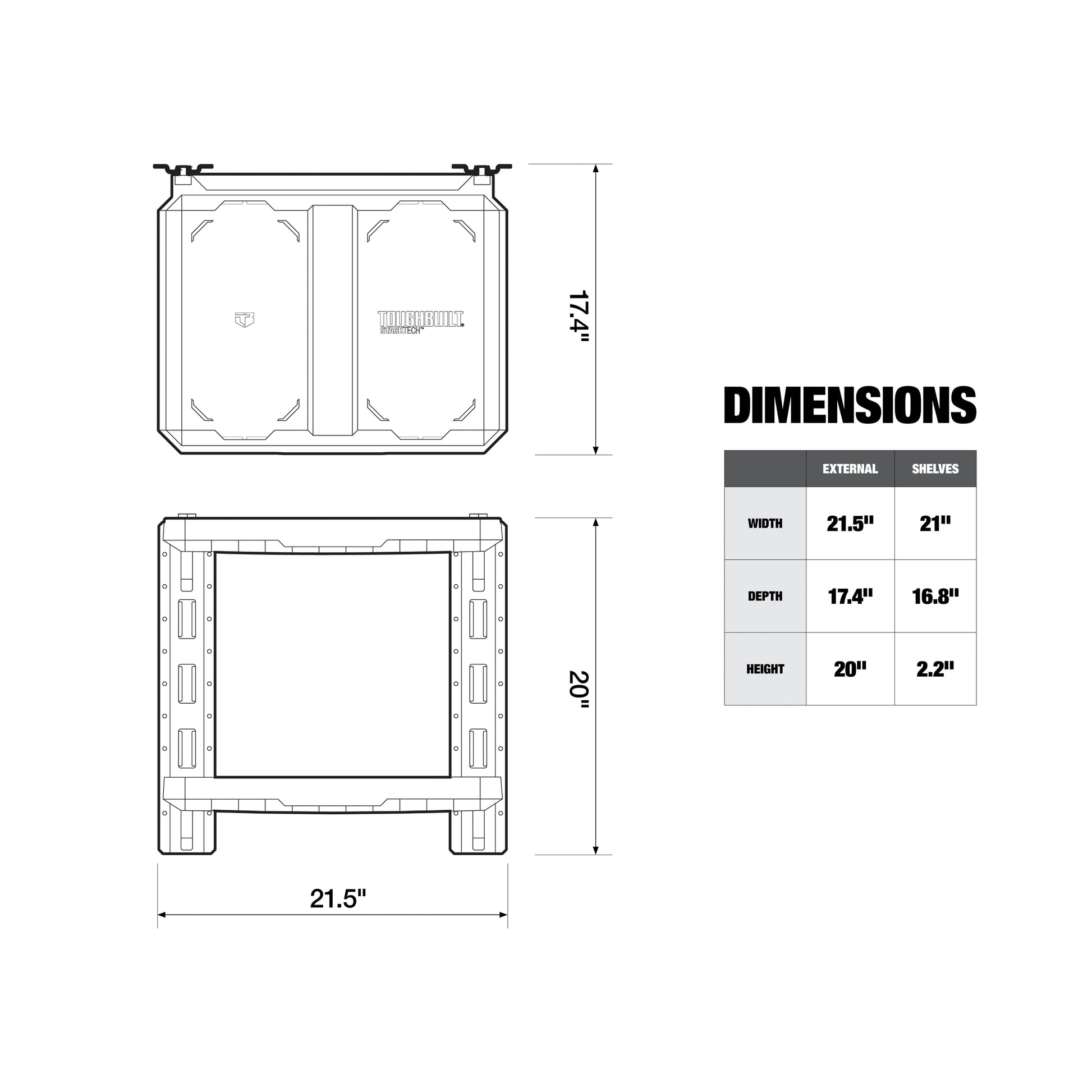 TOUGHBUILT STACKTECH Plastic/Metal Shelf (2) StackTech shelves, (2) E-track sections