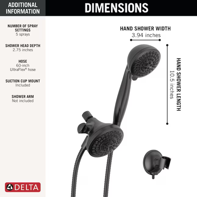 Delta Anywhere Mount 5.0 -Spray Matte Black 4.5-in Round High Pressure Shower Head with Handheld Combo 2.5 GPM