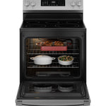 GE EasyWash Oven Tray 30-in Glass Top 5 burners 5.3-cu ft Air Fry Convection Oven Freestanding Electric Range ( Stainless Steel )