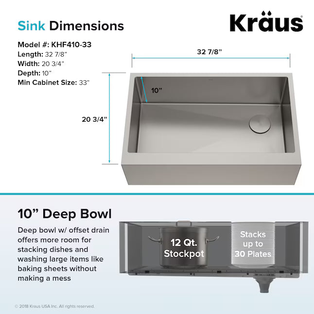 Kraus Standart PRO Farmhouse apron front 33-in x 21-in Stainless steel Single bowl 16 -Gauge Kitchen Sink,  KHF410-33, FINAL PRICE: $349.99 + TAX