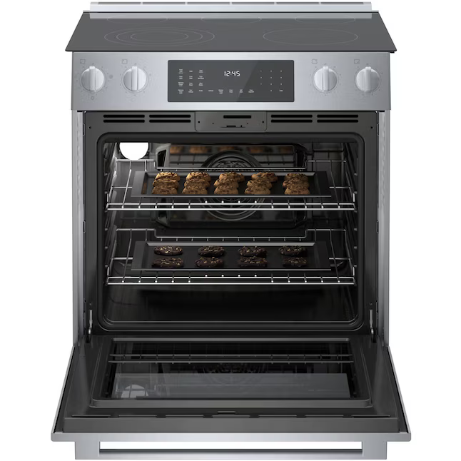 BOSCH Benchmark Series 30 in. 4.6 cu ft 5 Burner Slide-In Electric Range with Self Cleaning Convection Oven in Stainless Steel, [FB167]
