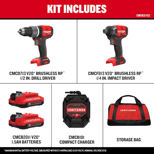 CRAFTSMAN V20 RP 20-volt Max 2-Tool Brushless Power Tool Combo Kit with Soft Case (2-Batteries Included and Charger Included), CMCK211C2 *JR2411, Retail: $179.00, FINAL PRICE: $119.99 + TAX
