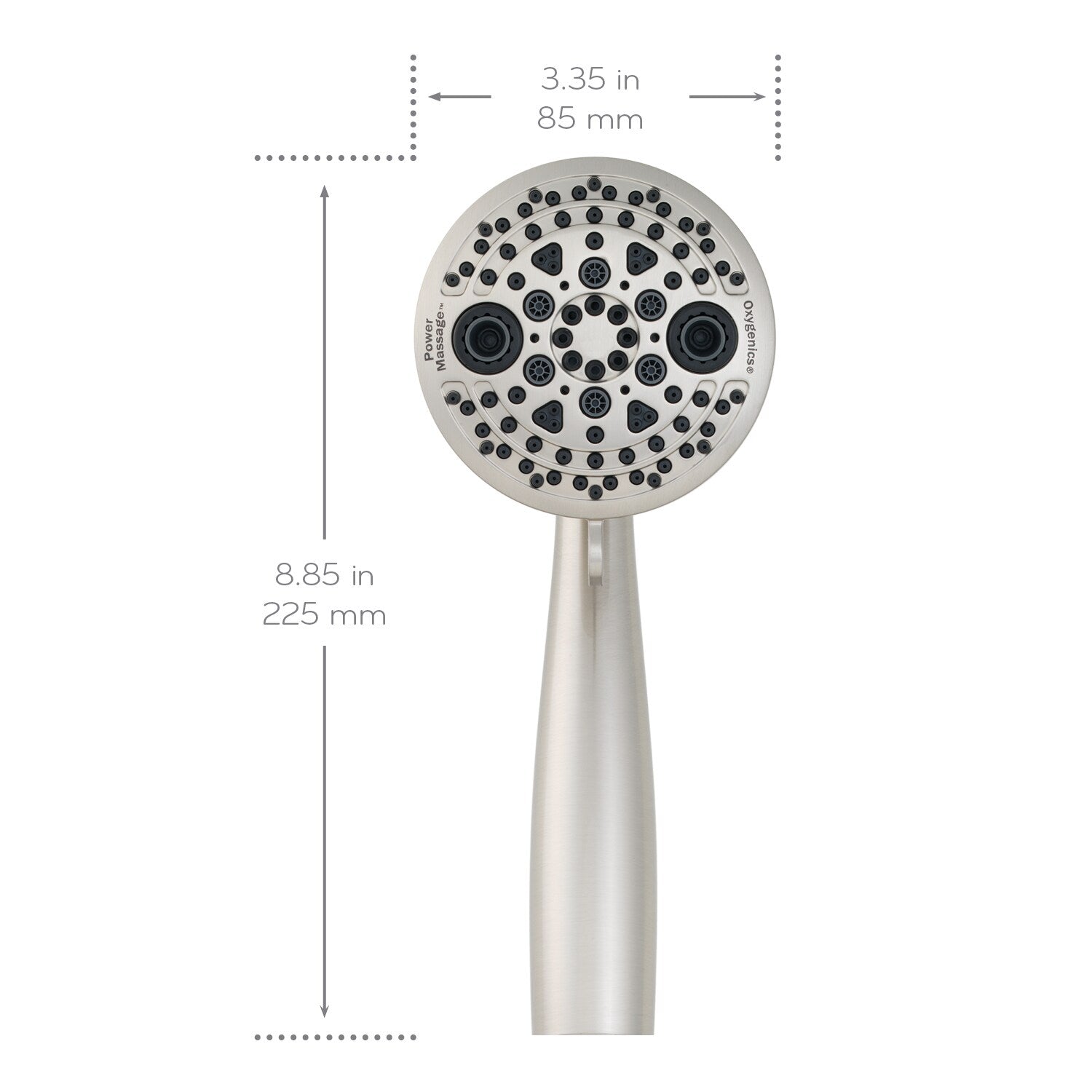 Oxygenics PowerMassage 5.0 -Spray Brushed Nickel 3.35-in Round High Pressure Handheld Shower Head 1.75 GPM, RETAIL: $39.98, FINAL PRICE: $23.99 + TAX