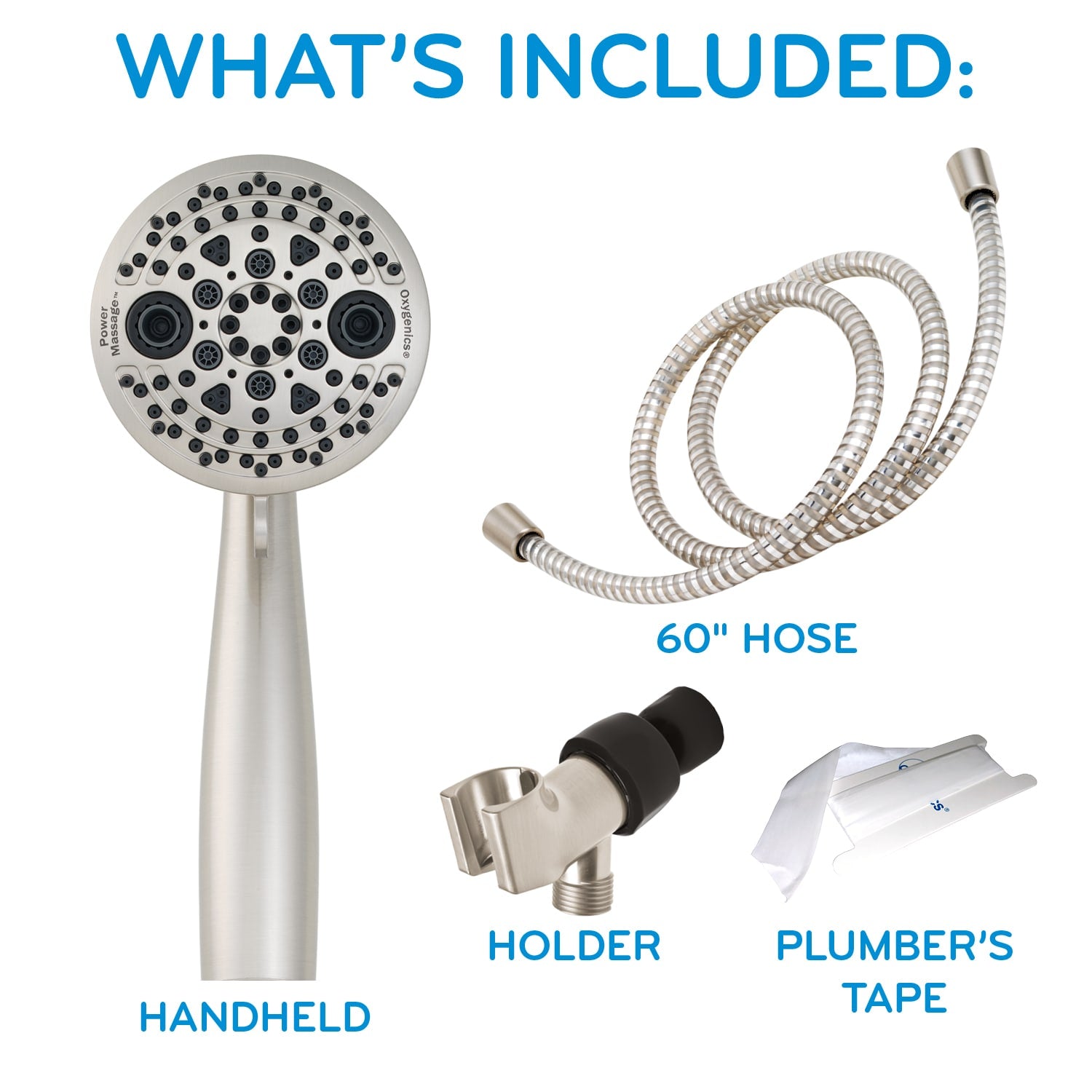 Oxygenics PowerMassage 5.0 -Spray Brushed Nickel 3.35-in Round High Pressure Handheld Shower Head 1.75 GPM, RETAIL: $39.98, FINAL PRICE: $23.99 + TAX