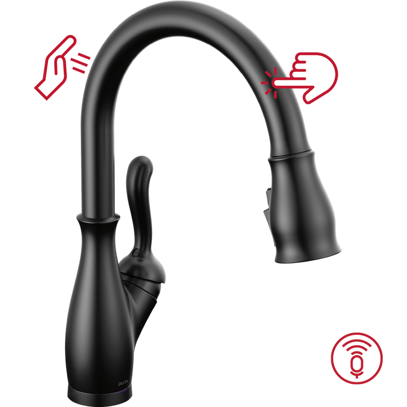 Delta Leland VoiceIQ Kitchen Faucet with Touch2O Technology with Touchless Technology in Matte Black, 9178TLV-BL-DST, MRSP: $1109.7, FINAL PRICE: $399.99 + TAX