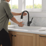 Delta Leland VoiceIQ Kitchen Faucet with Touch2O Technology with Touchless Technology in Matte Black, 9178TLV-BL-DST, MRSP: $1109.7, FINAL PRICE: $399.99 + TAX