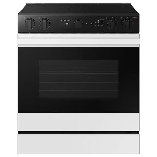 Samsung 30-in Glass Top 5 Burners 6.3-cu ft Air Fry Convection Oven Slide-In Electric Range (White Glass), NSE6DB850212 *BG, MSRP: $2,099.00, FINAL PRICE: $899.99 + TAX