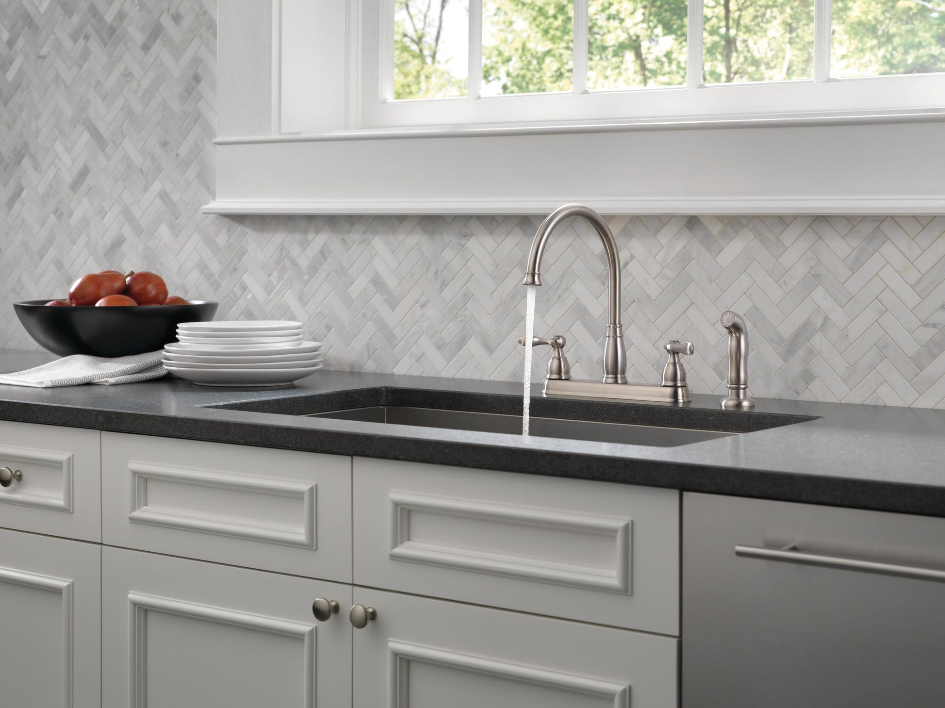 Delta Windemere Two Handle Kitchen Faucet in Stainless Steel, 21996LF-SS, MRSP: $213.45, FINAL PRICE: $44.99 + TAX