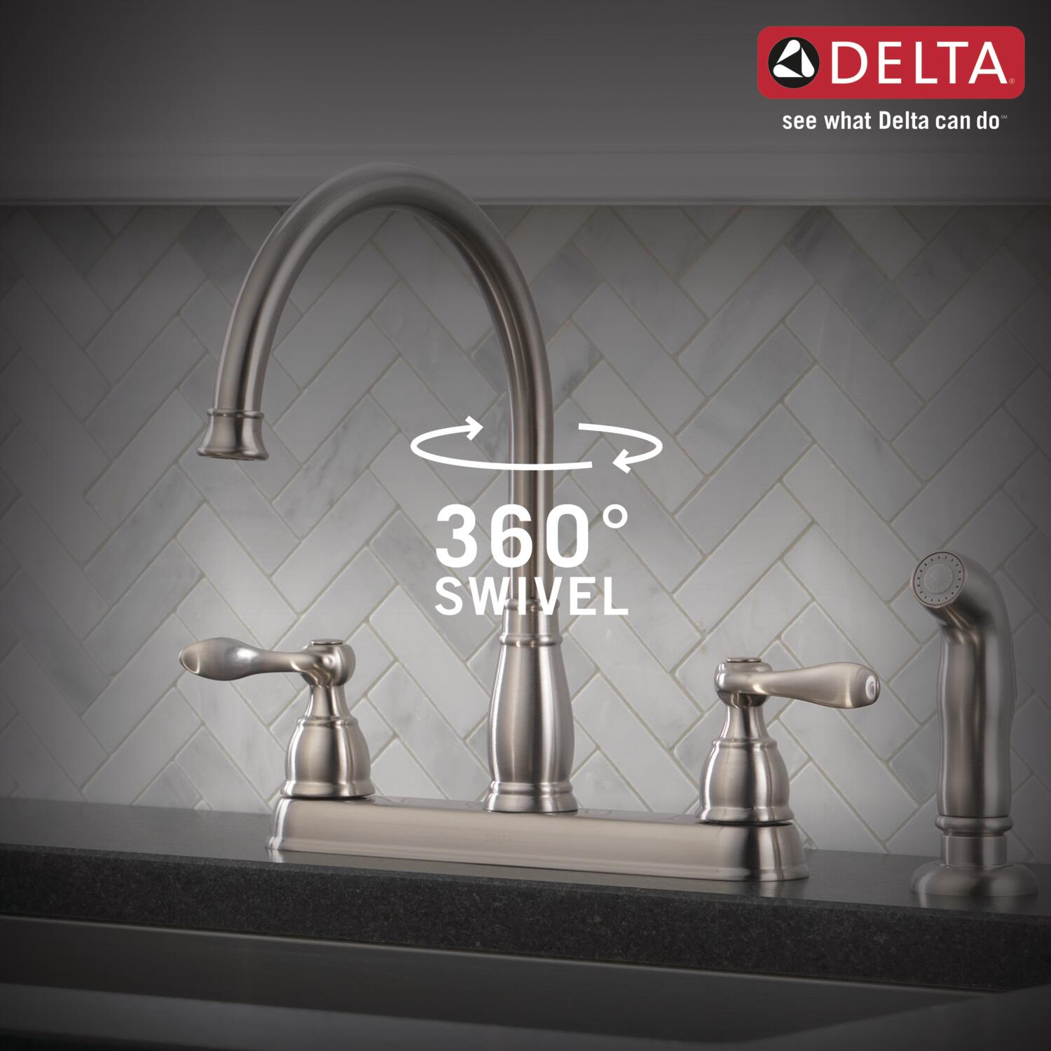 Delta Windemere Two Handle Kitchen Faucet in Stainless Steel, 21996LF-SS, MRSP: $213.45, FINAL PRICE: $44.99 + TAX
