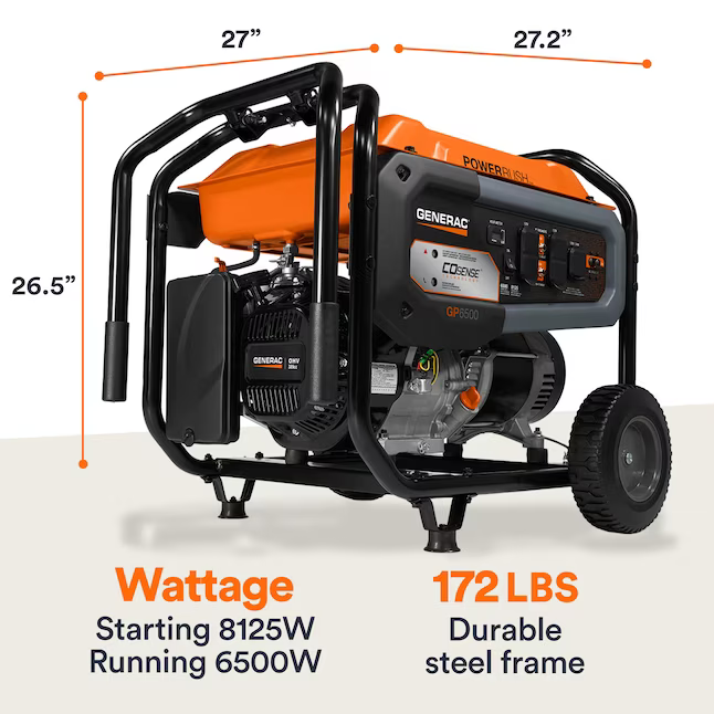 Generac Gas-Powered (49 State) Portable Generator w/COsense 8125 / 6500 -Watt Single Fuel Portable Generator, G0076722 *JR2507, Retail: $899.00, FINAL PRICE: $649.99 + TAX