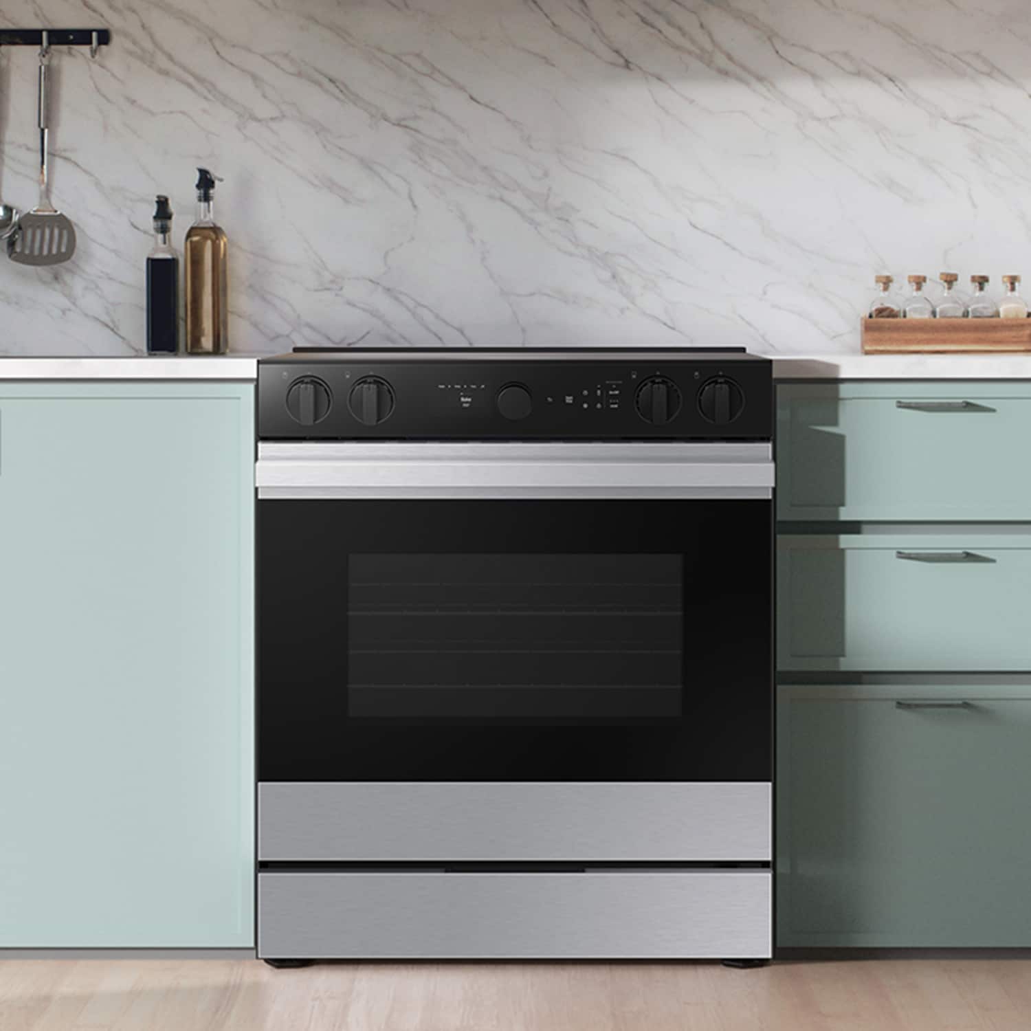 Samsung Bespoke 30-in Glass Top 5 burners 6.3-cu ft Air Fry Convection Oven Slide-In Electric Range ( Stainless steel )