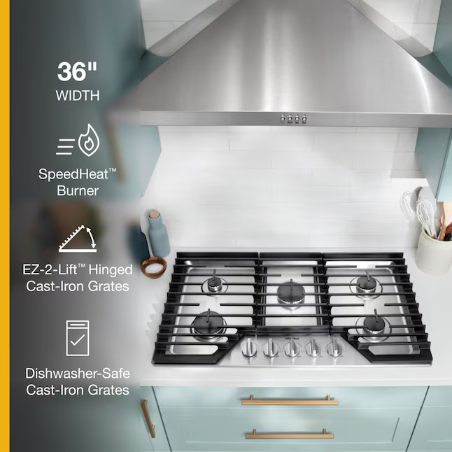 Whirlpool 36-in 5 burners Stainless Steel Gas Cooktop, WCGK5036PS/00, Retail: $1,249.00, FINAL PRICE: $579.99 + TAX