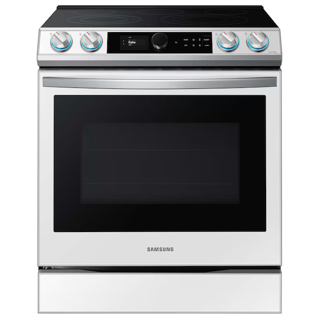 Samsung Bespoke 30-in Glass Top 5 Burners 6.3-cu ft Self-Cleaning Air Fry Convection Oven Slide-in Smart Electric Range (White Glass), NE63BB871112