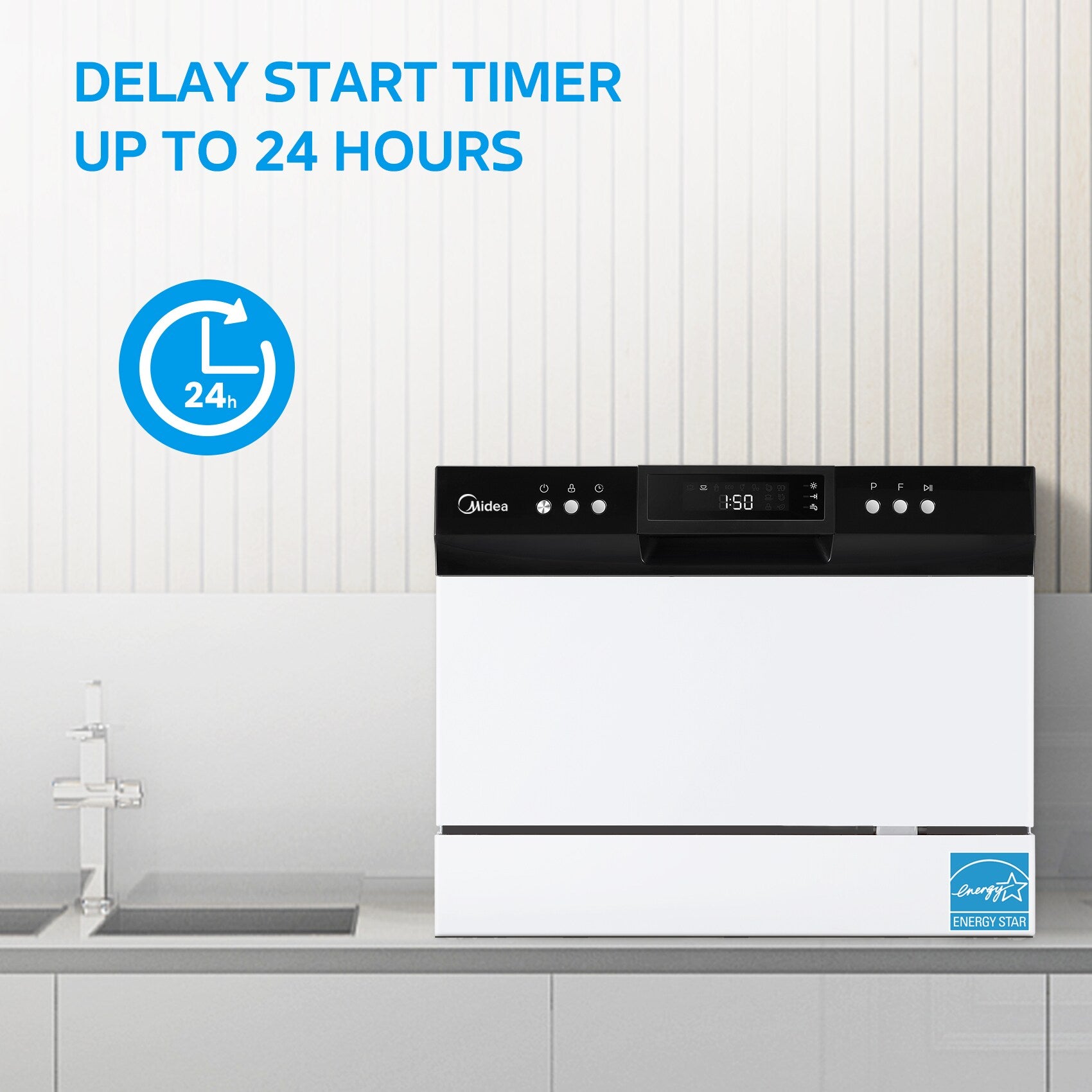 Midea 22-in Portable Countertop dishwasher ( White ) 6 Place Settings with Condensation Dry 52-Decibel Standard Sound Level
