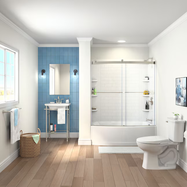 American Standard Elevate Brushed Nickel 58-in to 58-1/2-in W x 59.96-Inches H Framed Sliding Soft Close Bathtub door, AM00837400.295, 3492068, JR2202