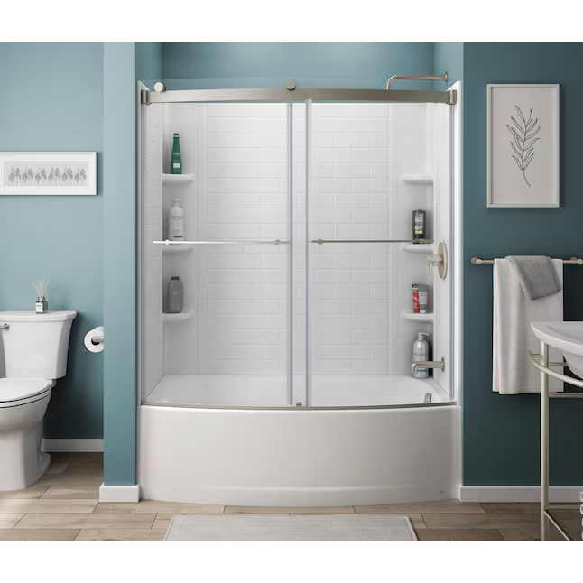American Standard Elevate Brushed Nickel 58-in to 58-1/2-in W x 59.96-Inches H Framed Sliding Soft Close Bathtub door, AM00837400.295, 3492068, JR2202