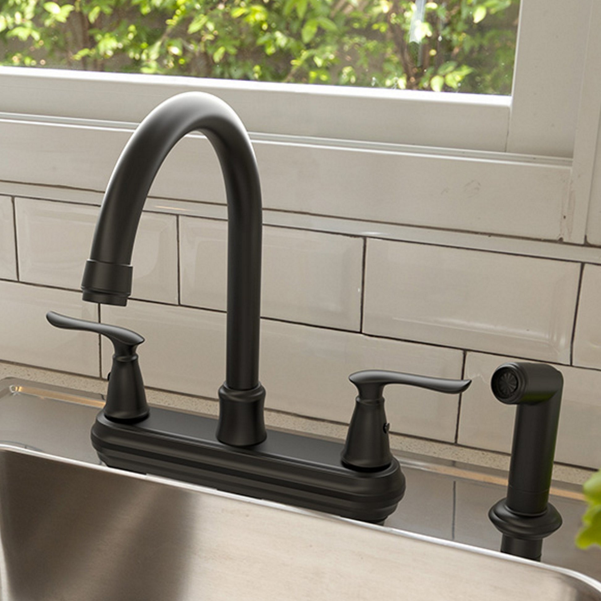 Project Source Laural Matte Black Double Handle Deck-mount Kitchen Faucet (Includes Side Sprayer), RETAIL: $99.00, FINAL PRICE: $54.99 + TAX
